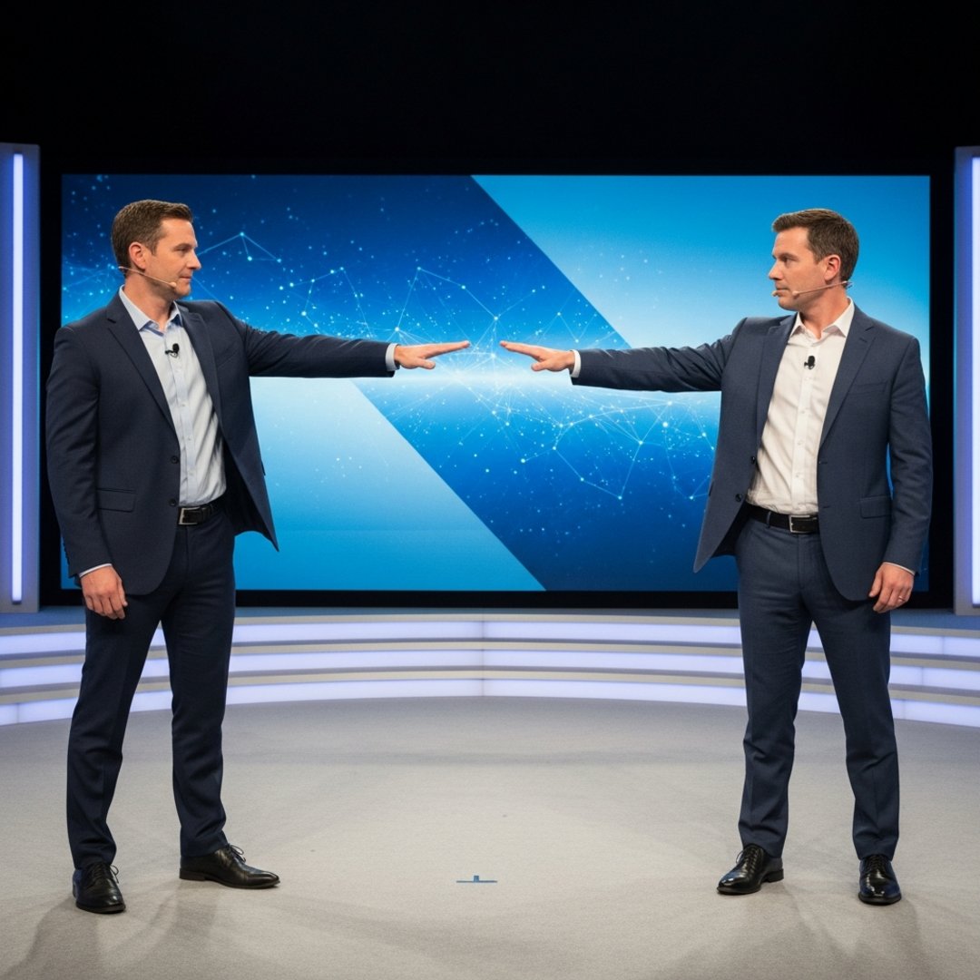 Satirical illustration for: Rival AI CEOs Refuse Unity Handshake Citing Severe API Incompatibility