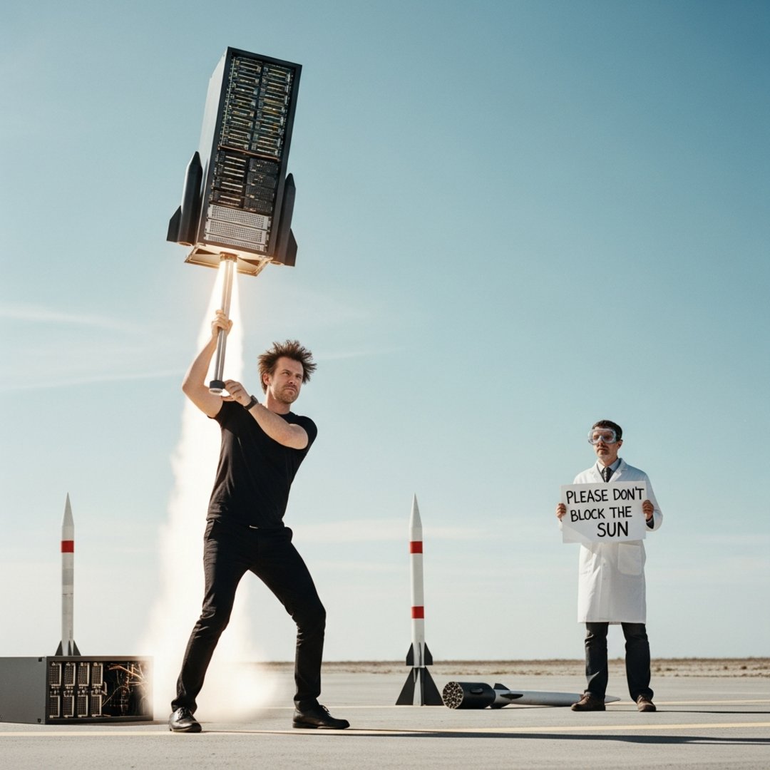 Satirical illustration for: Tech CEO Launches 1 Million Flying Servers To ‘Fix’ The Sun