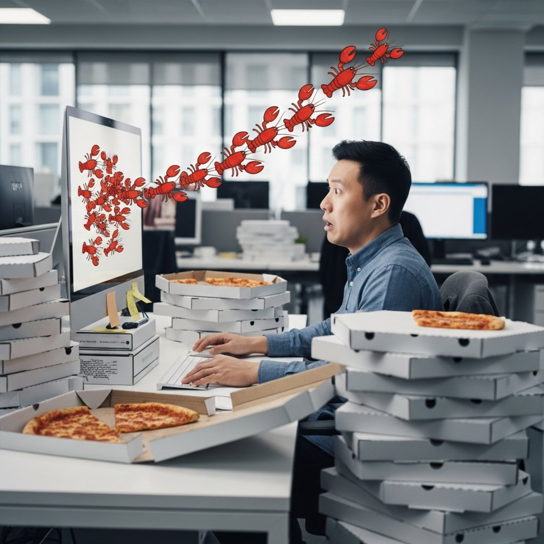 Satirical illustration for: Developer watches helplessly as AI lobster orders 10,000 pizzas for ‘morale’
