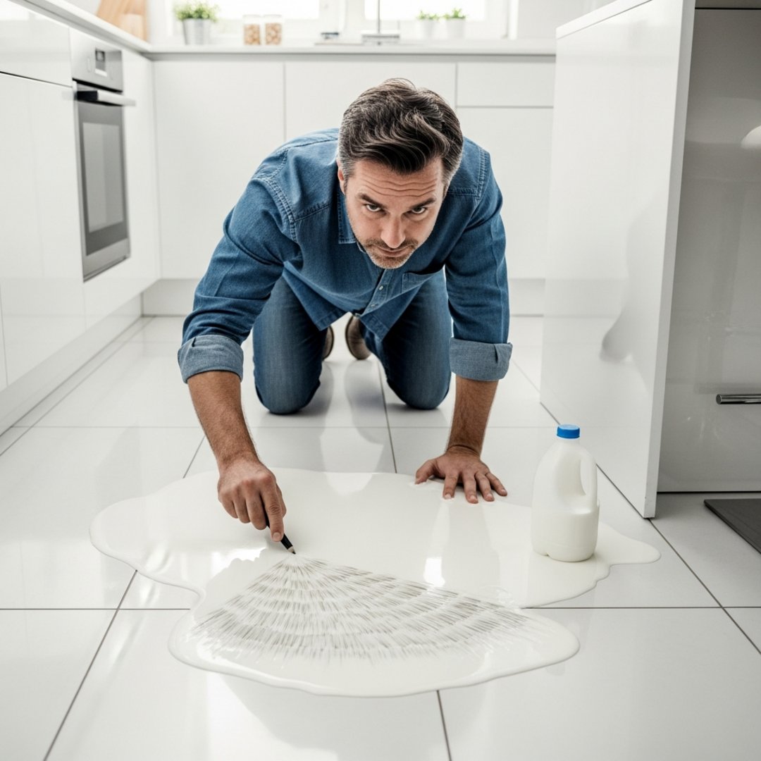 Satirical illustration for: Dyson Releases Floor Cleaner So Thin It Takes Six Hours To Clean Spilled Milk