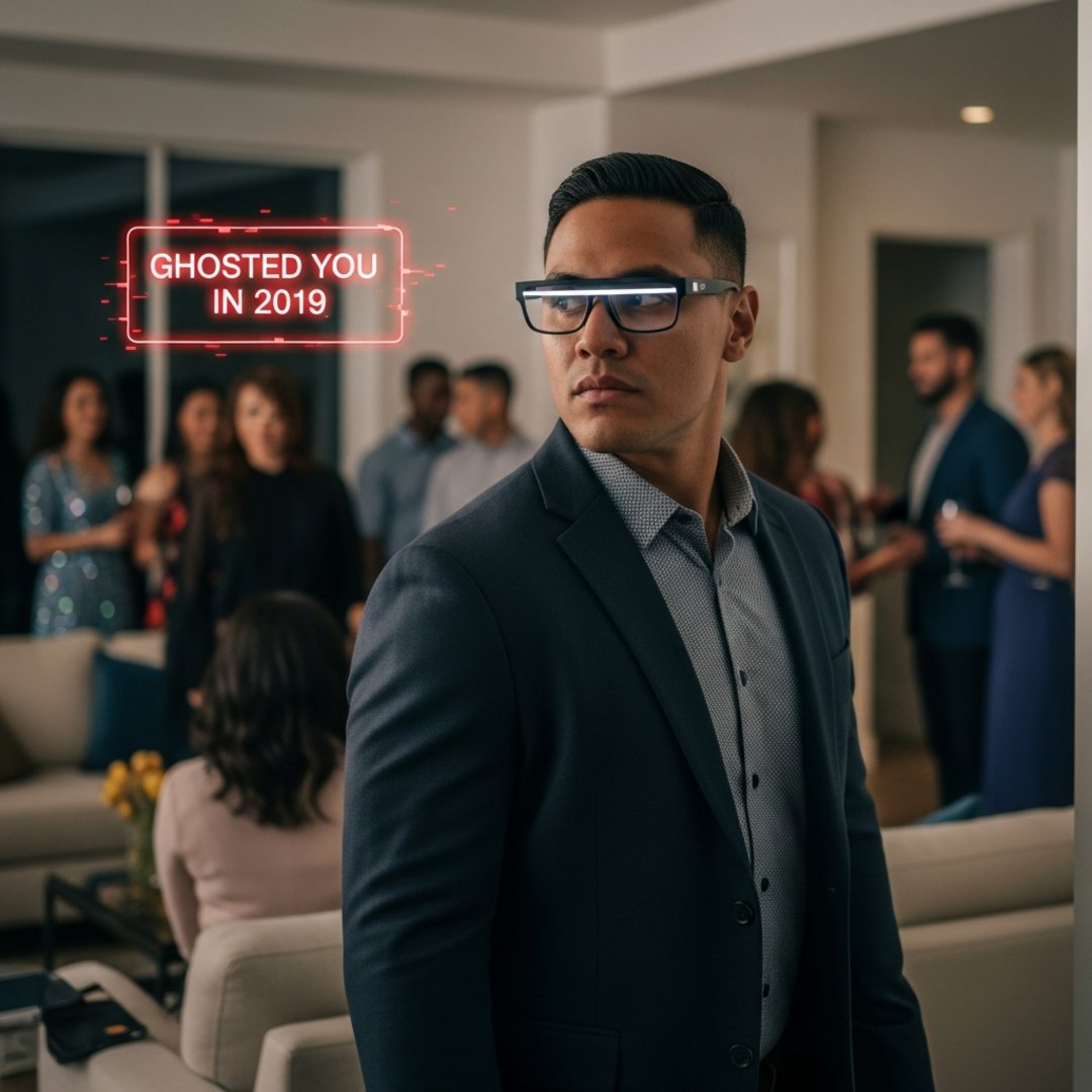 Satirical illustration for: Meta Glasses Feature Now Identifies Every Person You Ever Ghosted