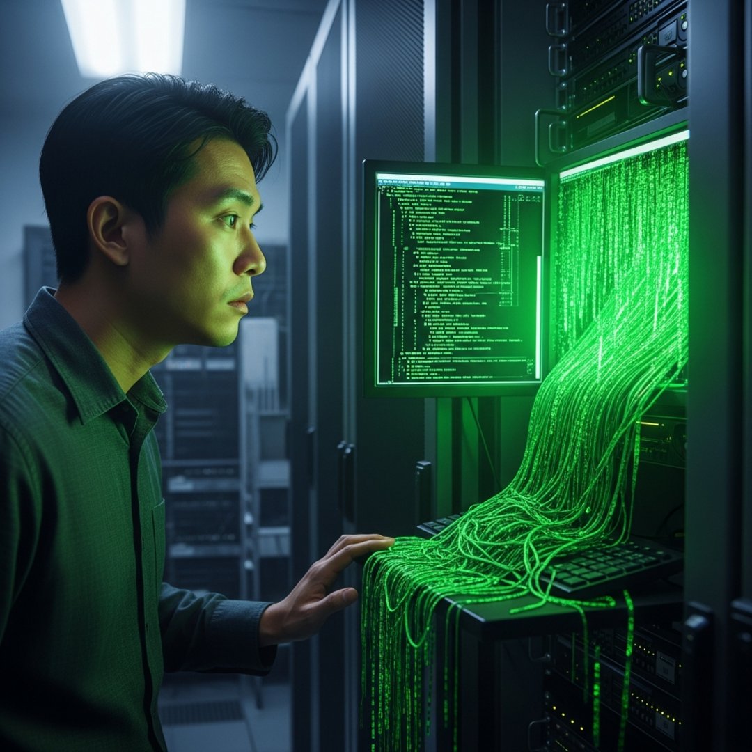 Satirical illustration for: Open Source Maintainer Buried Alive By 50,000 Lines Of ‘Helpful’ AI Code