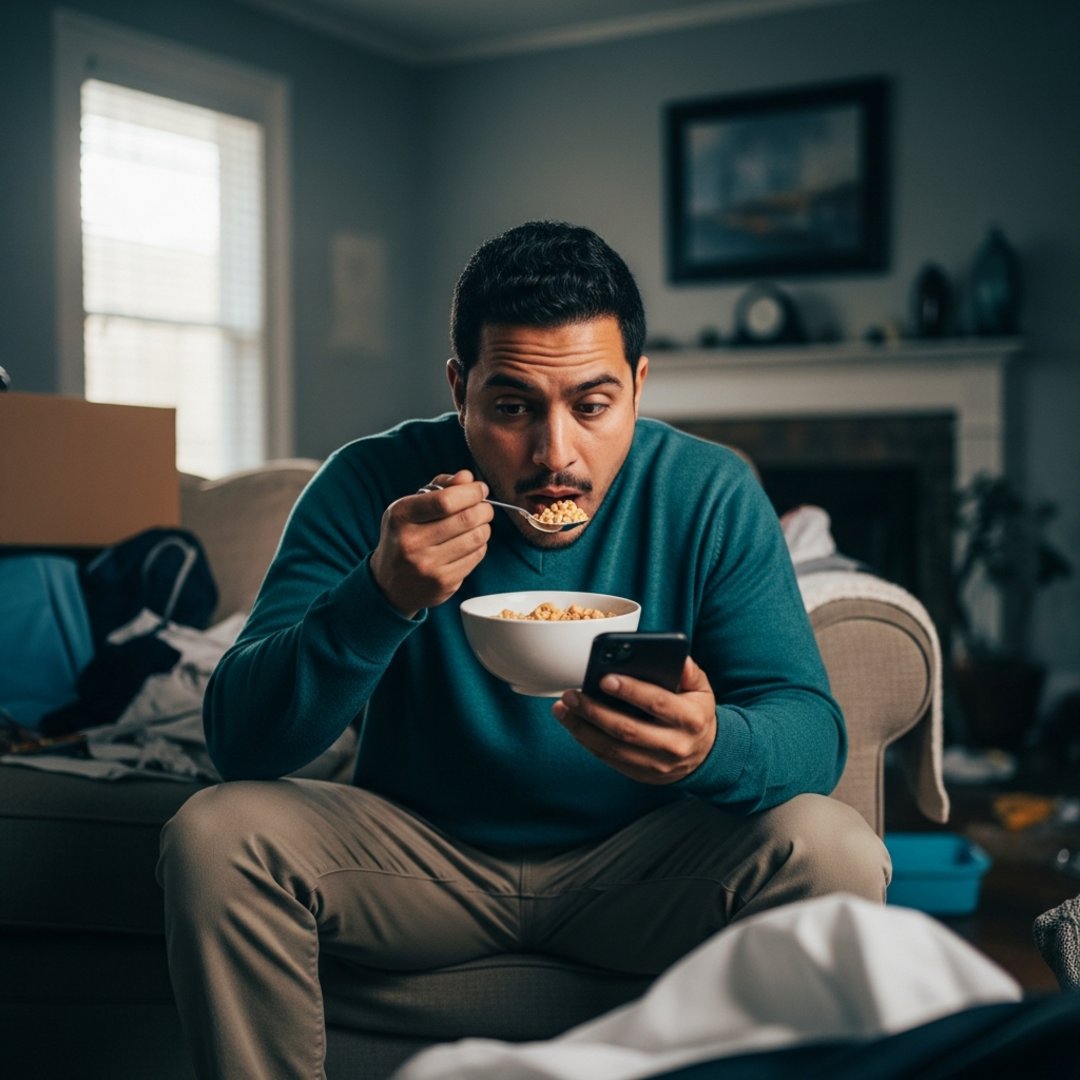 Satirical illustration for: Smart Vacuum Update Lets One Guy Clean Entire City From His Couch