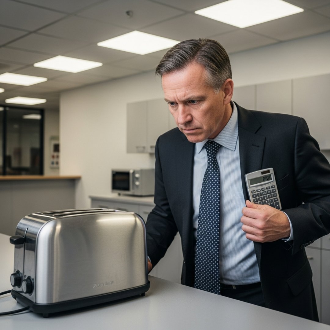 Satirical illustration for: Accountant Interrogates Break Room Toaster After Reading Report on AI Job Theft