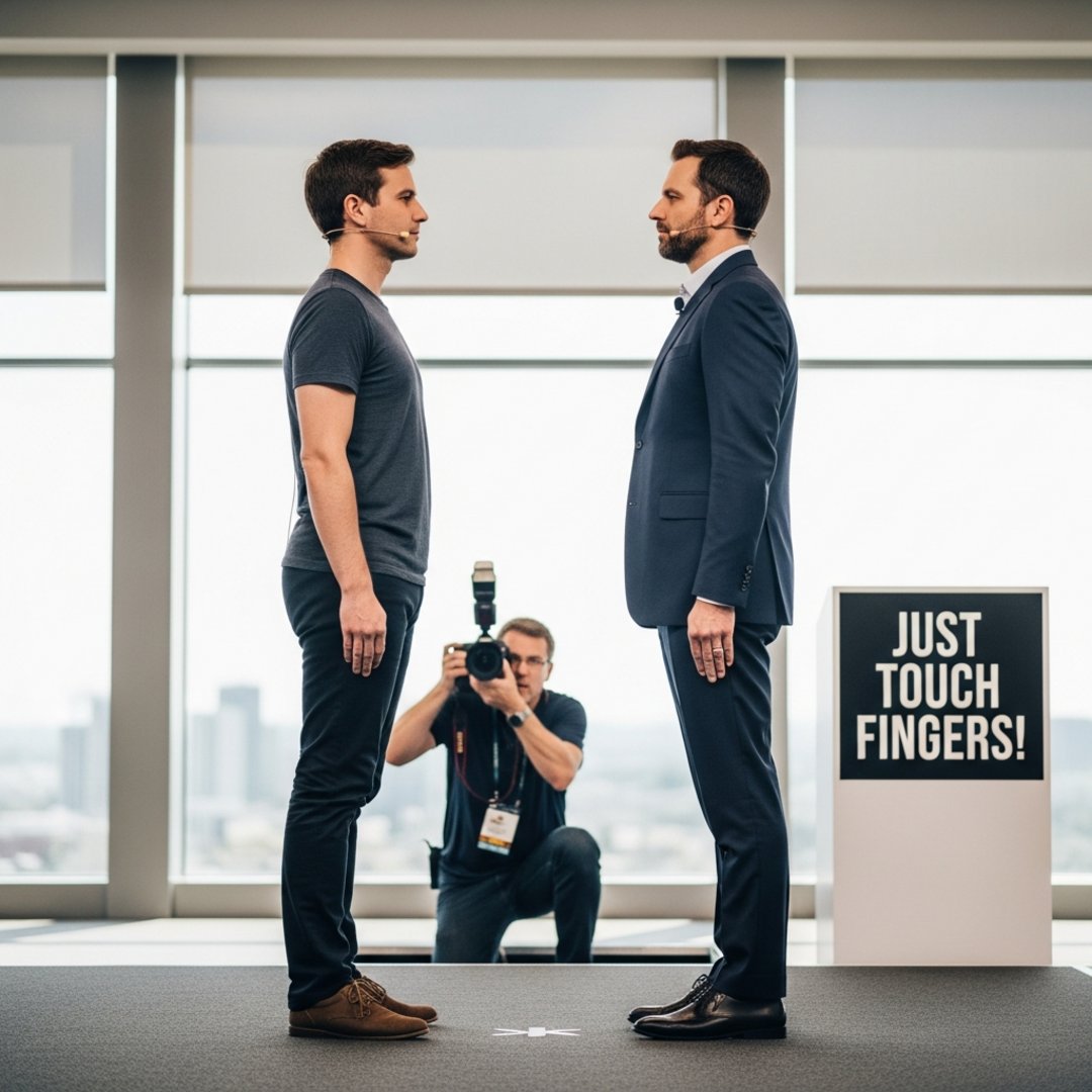 Satirical illustration for: AGI Delayed Indefinitely After Tech CEOs Fail Essential ‘Hand-Holding’ Protocol
