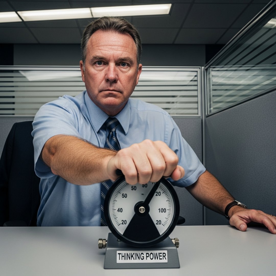 Satirical illustration for: Middle Manager Accidentally Bankrupts Department After Turning AI Thinking Dial To ‘Geni...