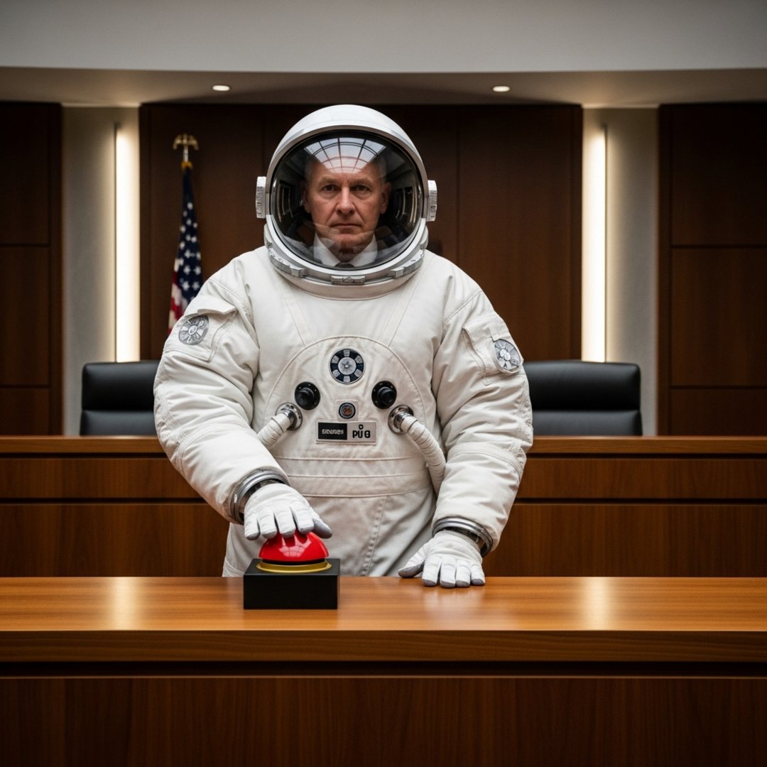 Satirical illustration for: Starbase Judge Expedites Parking Dispute By Ejecting Defendant Into Low Earth Orbit