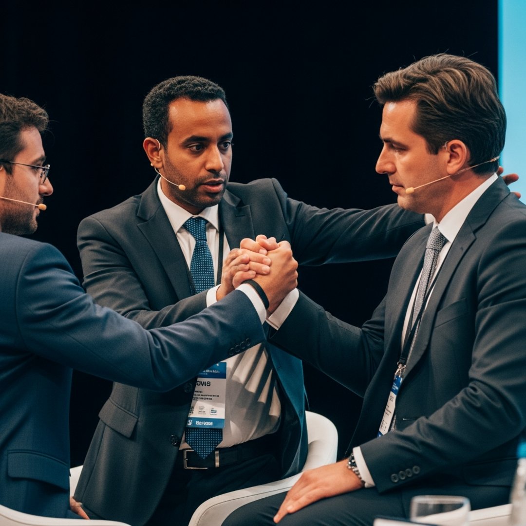 Satirical illustration for: AGI Launch Delayed Indefinitely After Rival CEOs Refuse to Hold Hands on Stage