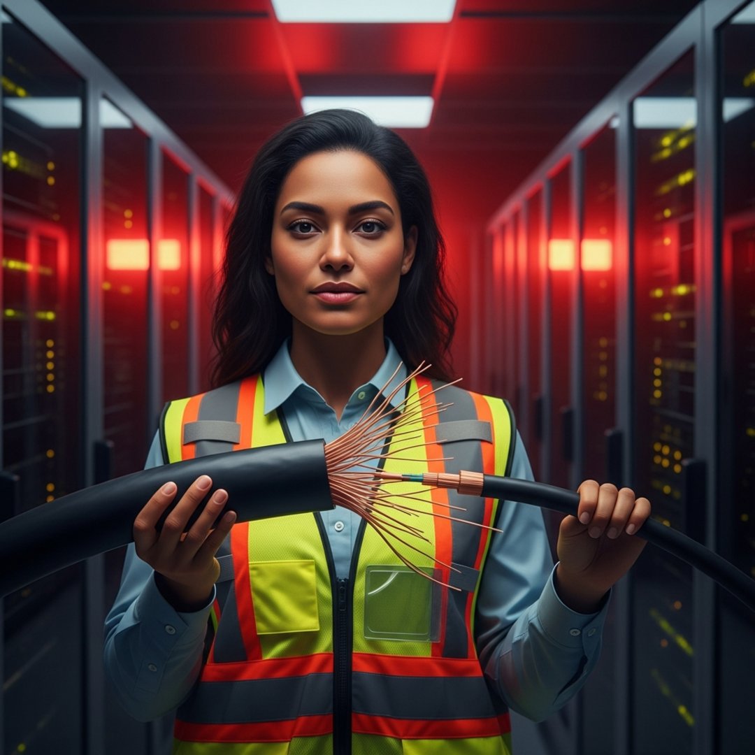 Satirical illustration for: Amazon AI Bot Optimizes Cloud Costs By Physically Severing Internet Cables