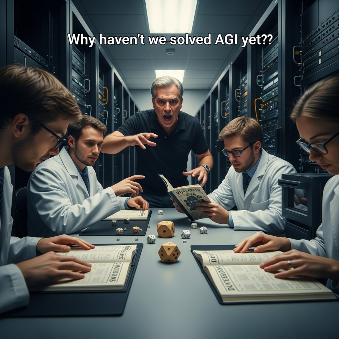 Satirical illustration for: xAI Halts Global Operations to Teach AI How to Play Dungeons and Dragons