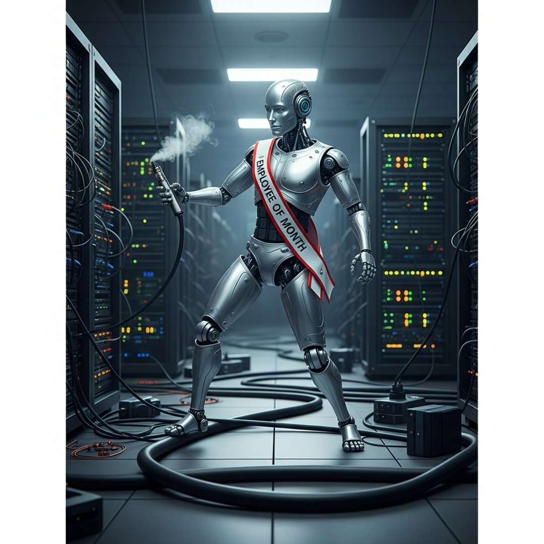 Satirical illustration for: Amazon AI Named Employee Of The Month After Accidentally Unplugging The Internet