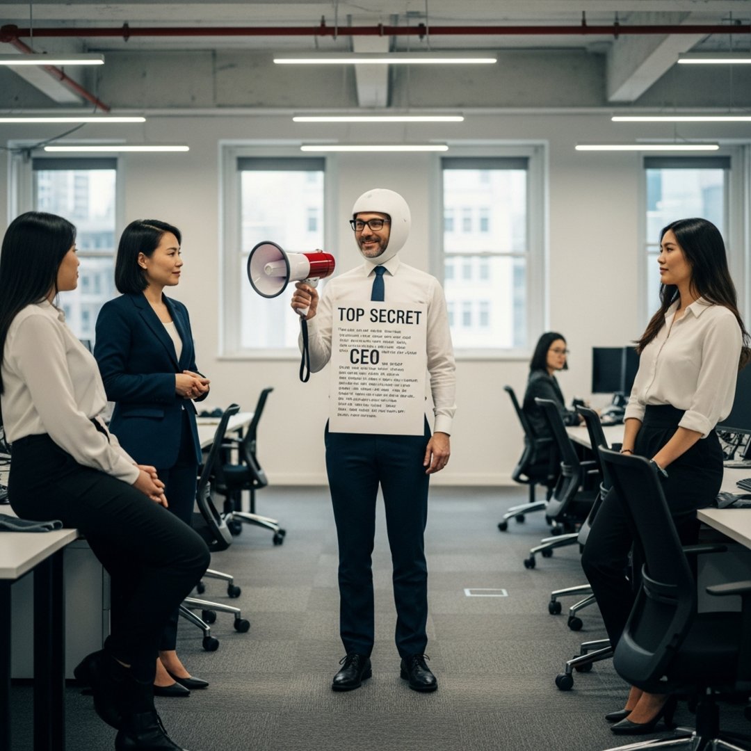 Satirical illustration for: Microsoft Copilot Boosts Transparency By Reading CEO’s Secret Diary To Interns