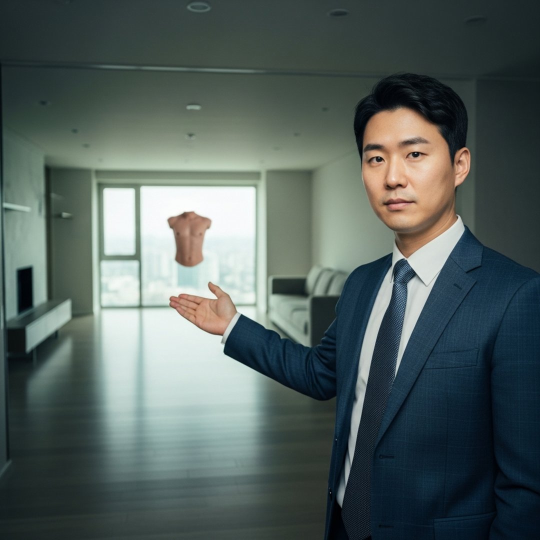 Satirical illustration for: Realtor Explains Floating Human Torso Adds ‘Visual Interest’ To Living Room