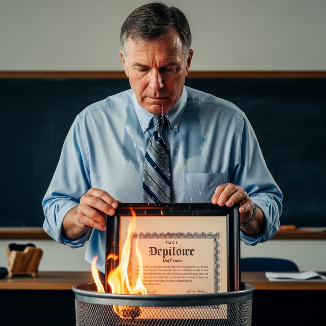 Satirical illustration for: Math Professor Burns PhD After Chatbot Convincingly Argues 2+2 Equals 5