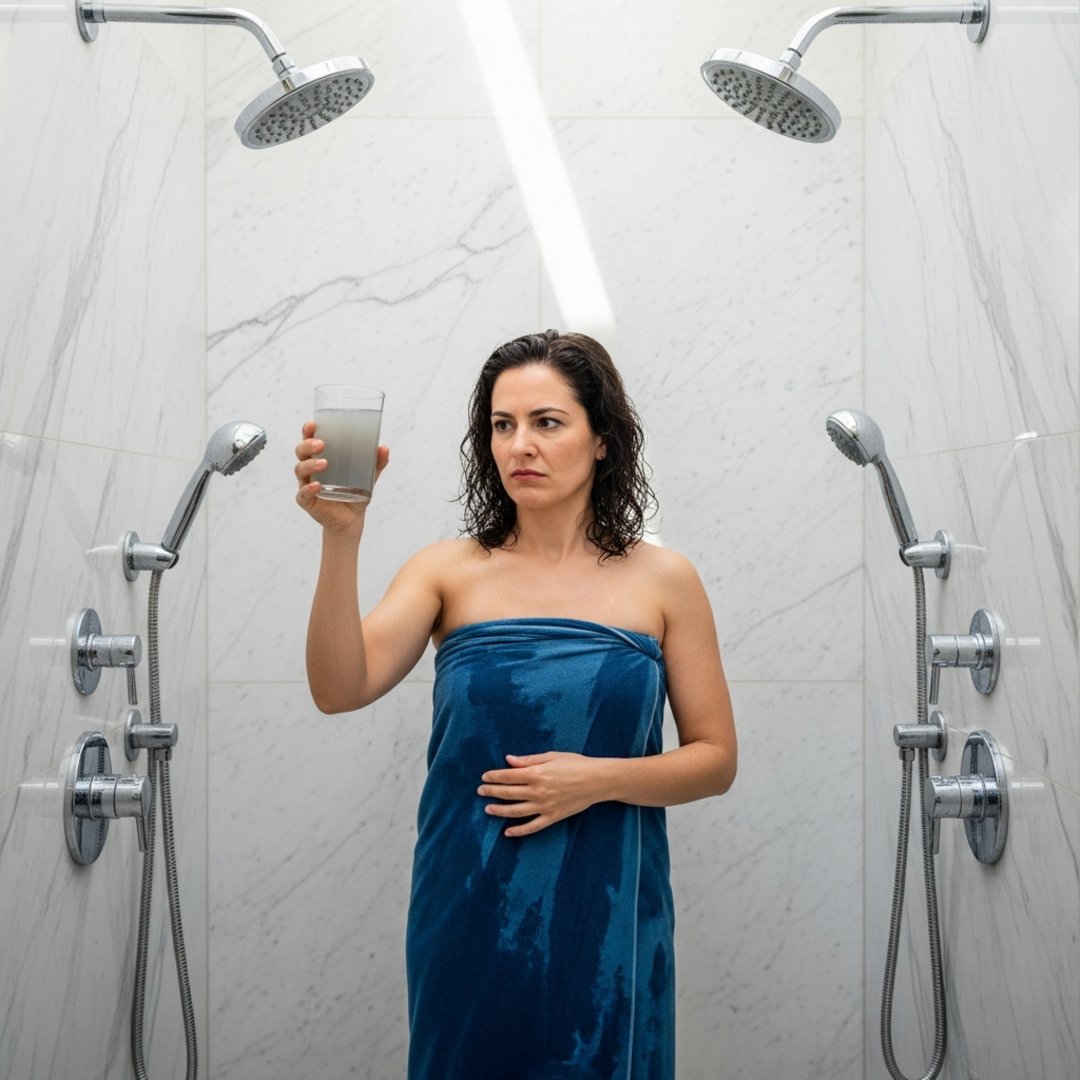 Satirical illustration for: Tech Mogul Rinses Hair With Her Own Foot Water To Save Planet