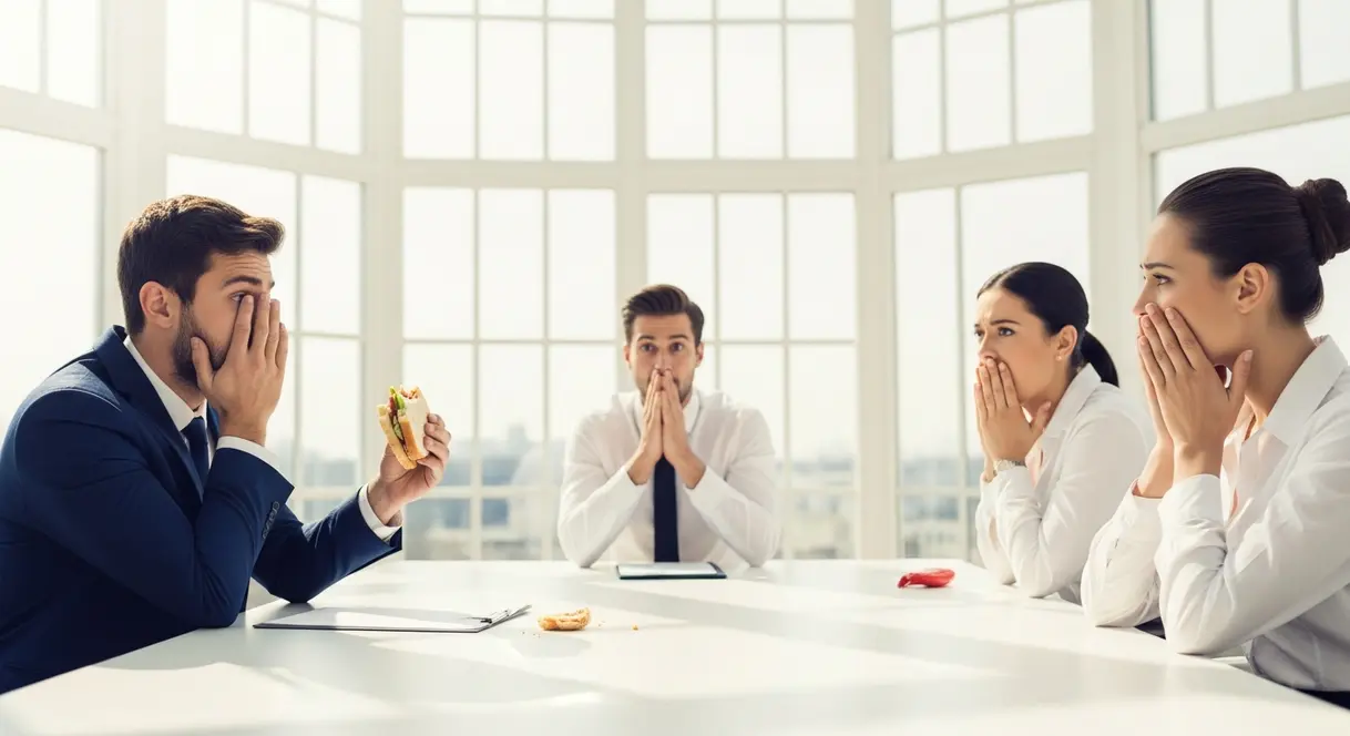 AI satire illustration: Candidate Rejected For Eating Food During Six-Hour Interview