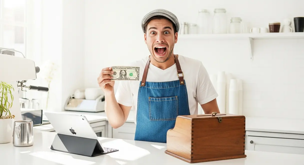 AI satire illustration: Modern Coffee Shop Hires Consultant to Explain How Cash Works