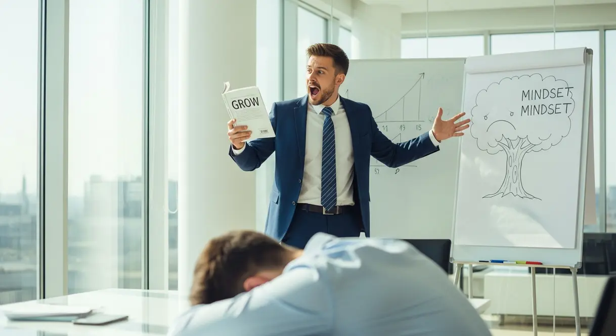 AI satire illustration: CEO Reads First Chapter of Self-Help Book, Schedules Mandatory 4-Hour Meeting