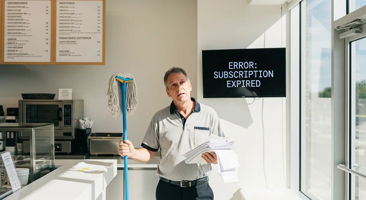 AI satire illustration: Franchise Owner Pays $50,000 for Privilege of Not Making Decisions