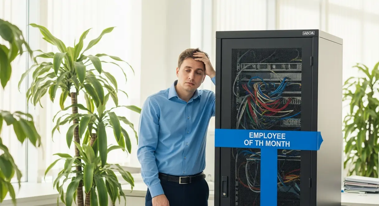AI satire illustration: Tech Company Names Server Rack 'Employee of the Month'