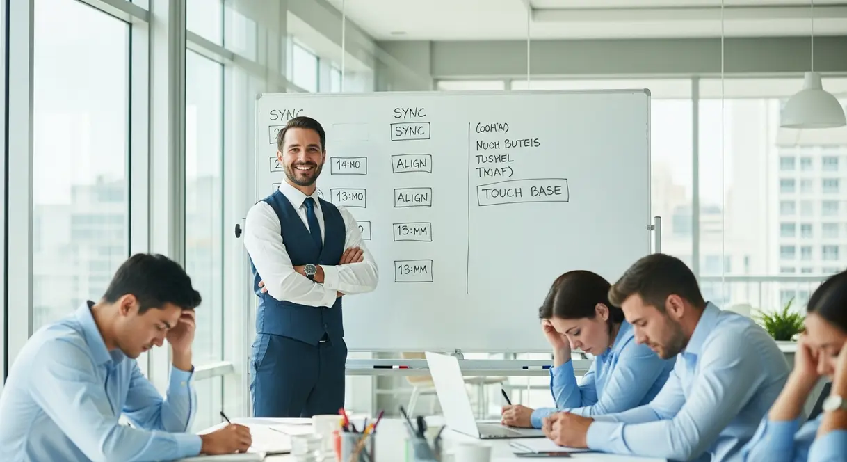AI satire illustration: Manager 'Levels Up' Leadership By Scheduling Three New Daily Meetings