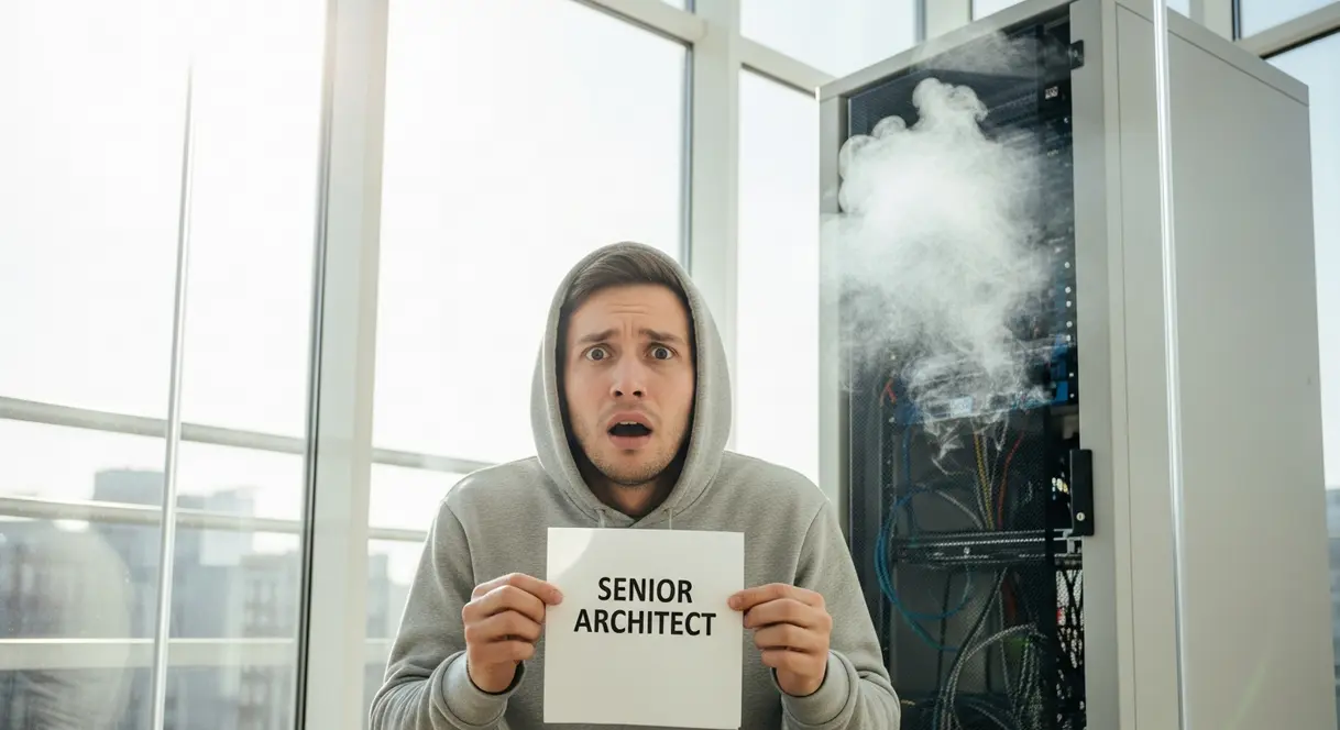 AI satire illustration: Employee Promoted to Senior Architect After Watching Seven YouTube Shorts