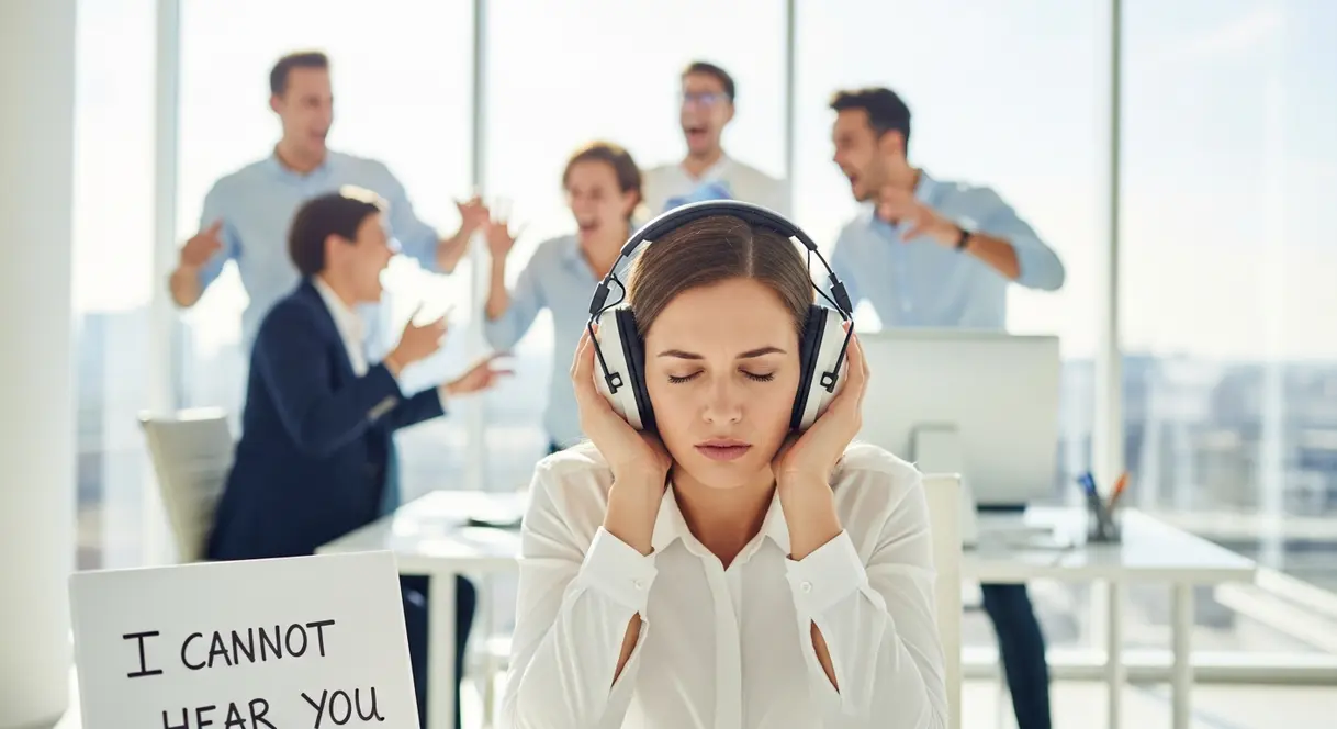 AI satire illustration: Employees buy $400 headphones to simulate silence of working from home