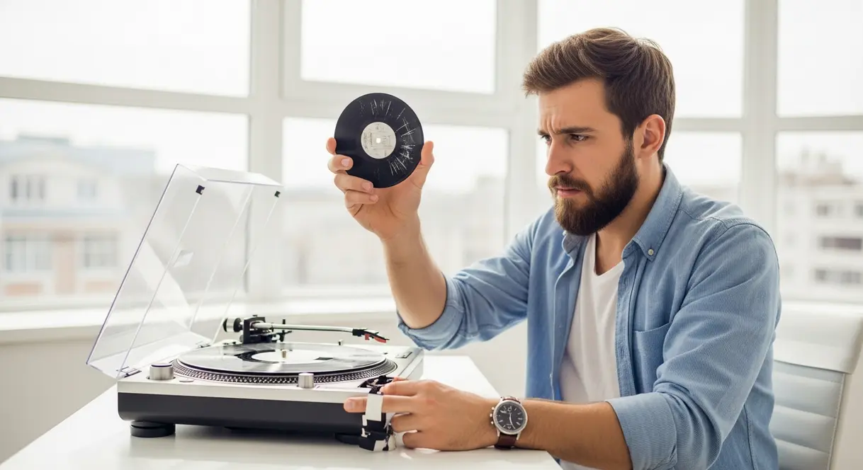 AI satire illustration: Startup launches portable player that holds one song and scratches it