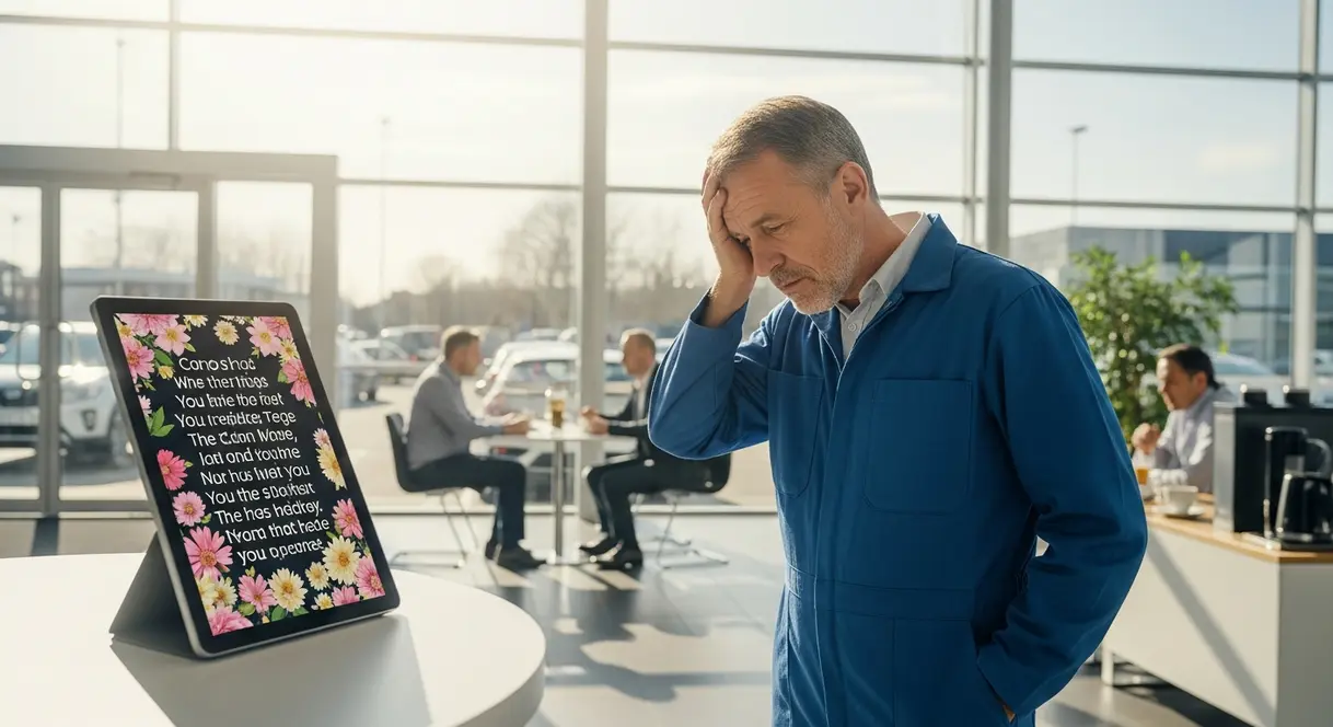 AI satire illustration: Car Dealership AI Demands Haiku Before Scheduling Oil Change