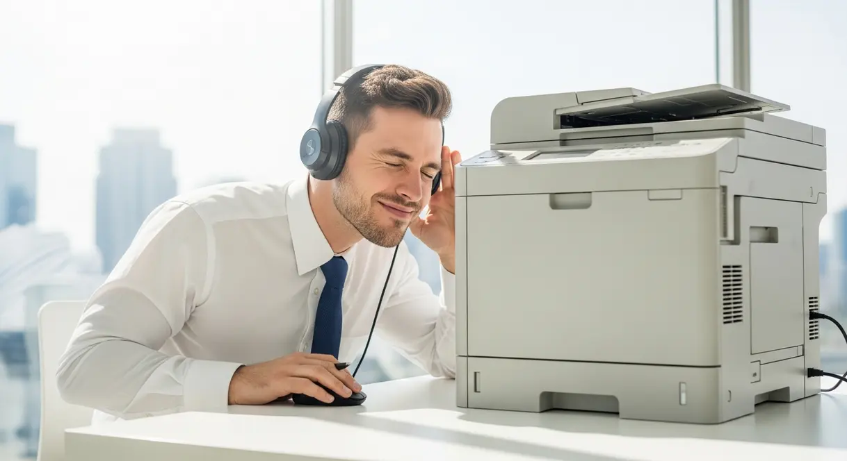 AI satire illustration: Streaming service replaces jazz playlist with noise from office printer