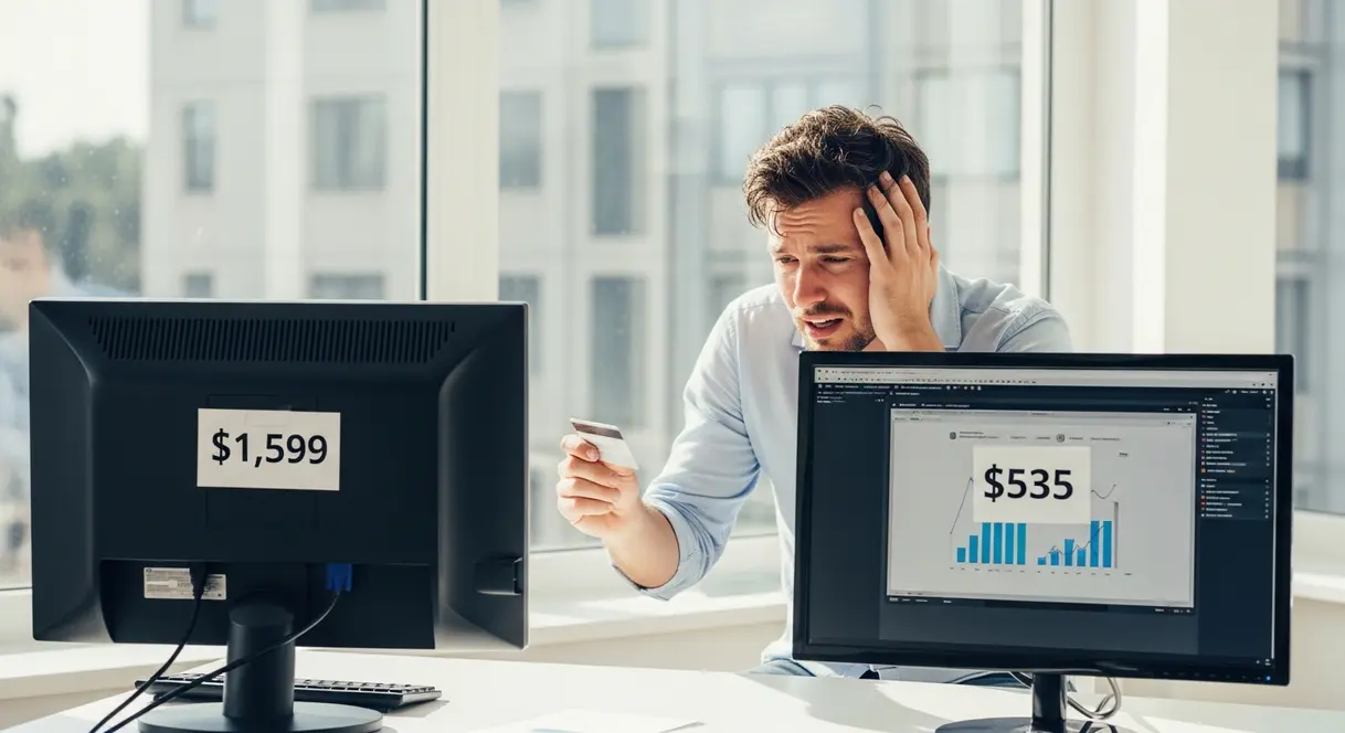 AI satire illustration: Monitor Maker Apologizes For Forgetting To Charge $1,000 Logo Fee