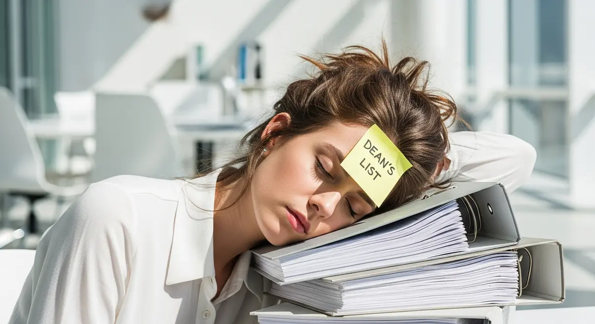 AI satire illustration: Company Says Your Burnout Now Counts as College Credit