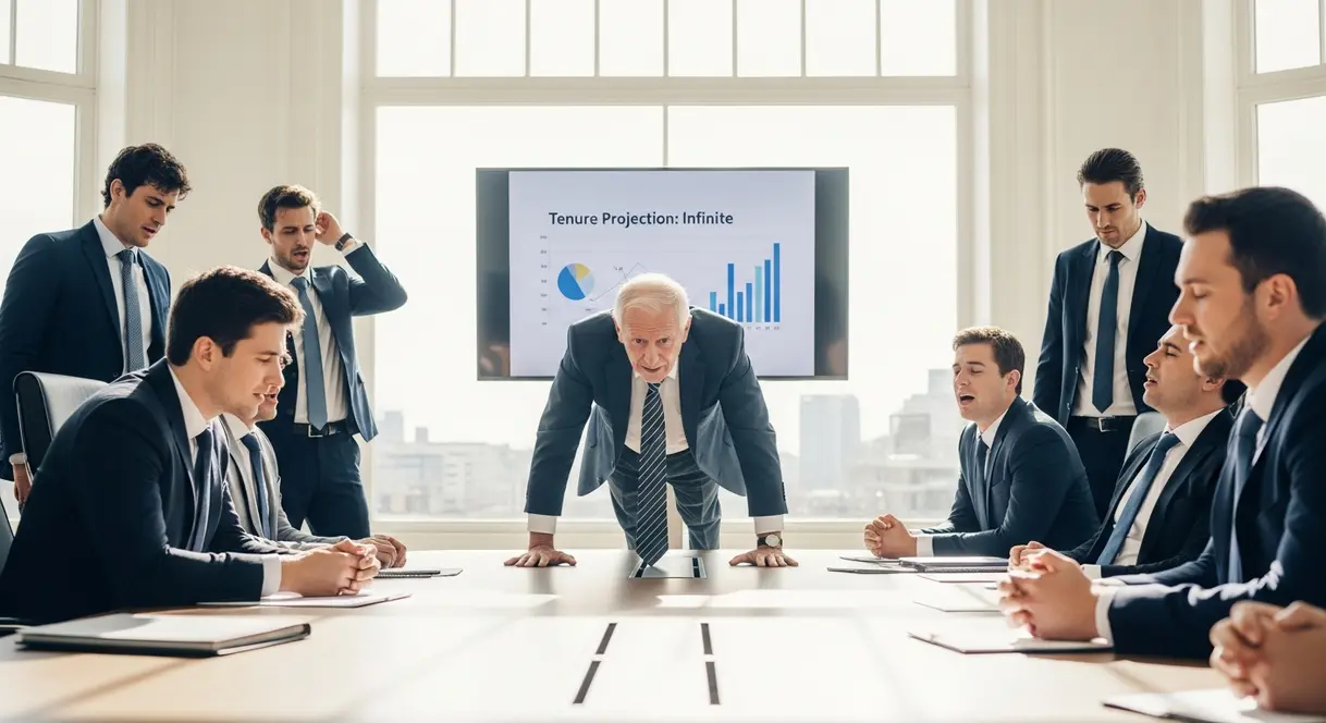AI satire illustration: CEO delays retirement to 2065 citing new brain health study