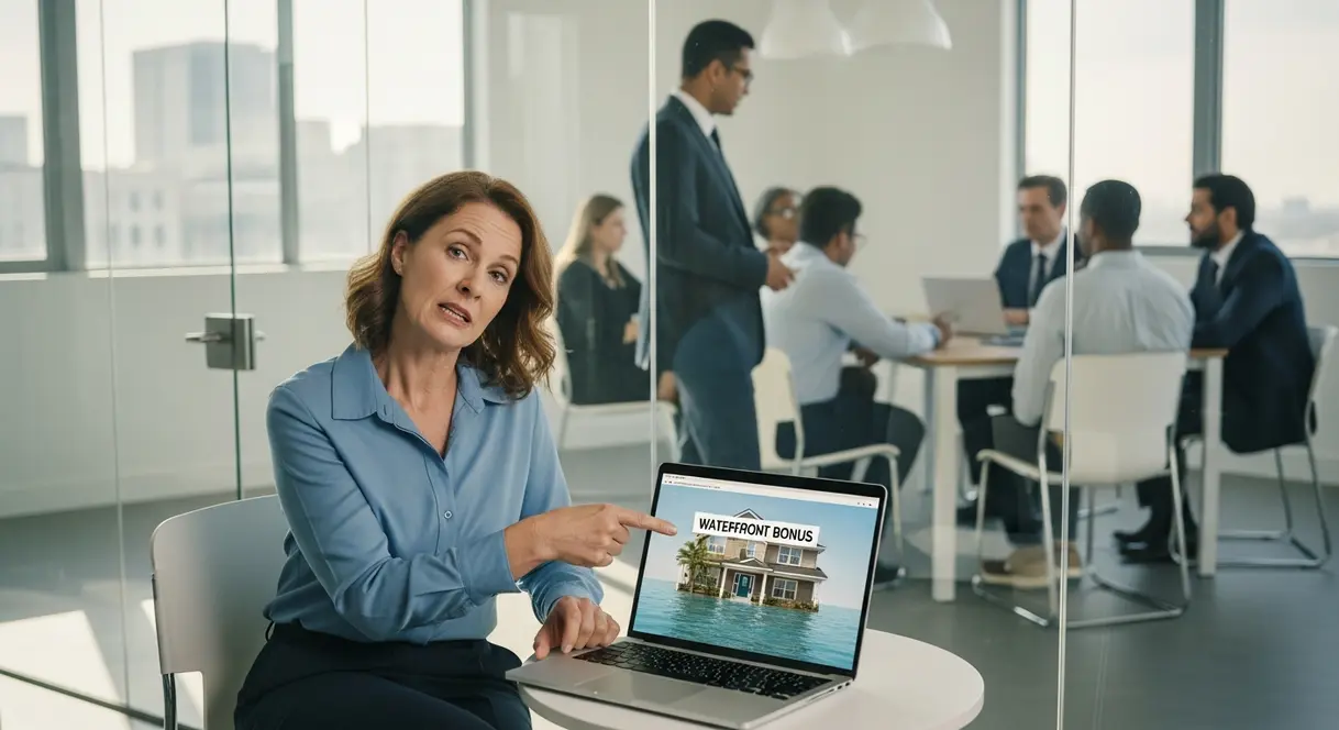AI satire illustration: Zillow replaces flood warnings with 'surprise pool potential' labels