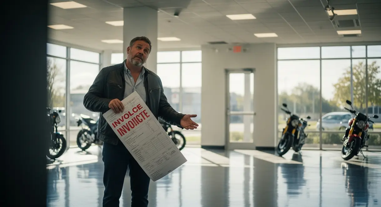AI satire illustration: Harley-Davidson Mandates $500,000 Sign Update to Fix Falling Sales