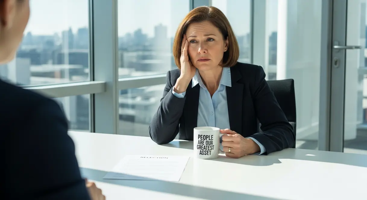 AI satire illustration: Korn Ferry Confirms Caring About People Is A Disqualification For Being CEO