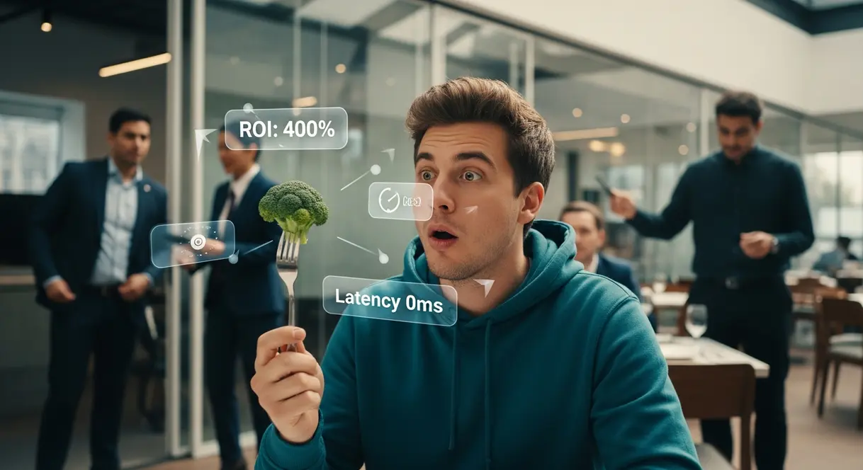 AI satire illustration: Tech Founder Disrupts Sales Industry by Inventing "Eating Dinner Together"