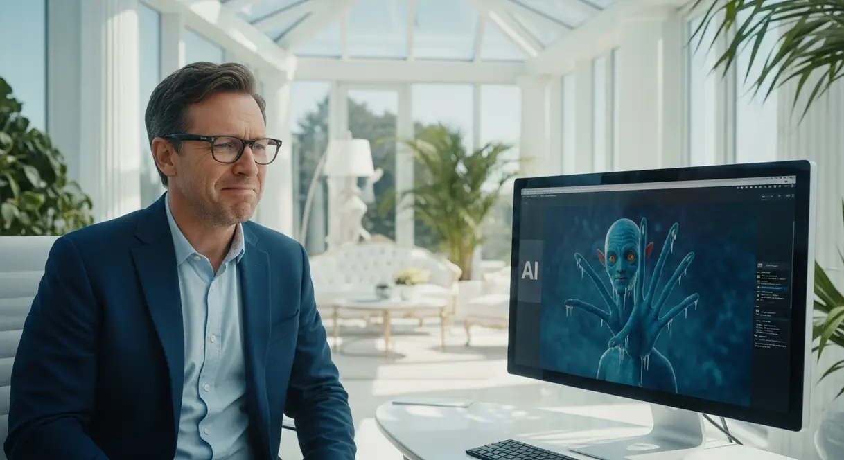AI satire illustration: Tech industry confused why James Cameron hates their 'automated art' tools