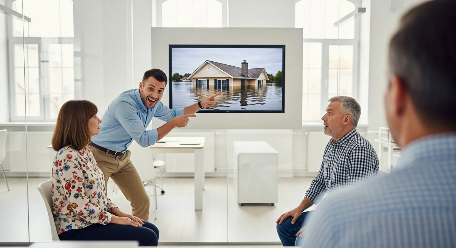 AI satire illustration: Zillow Removes Climate Data To "Reduce Buyer Anxiety"