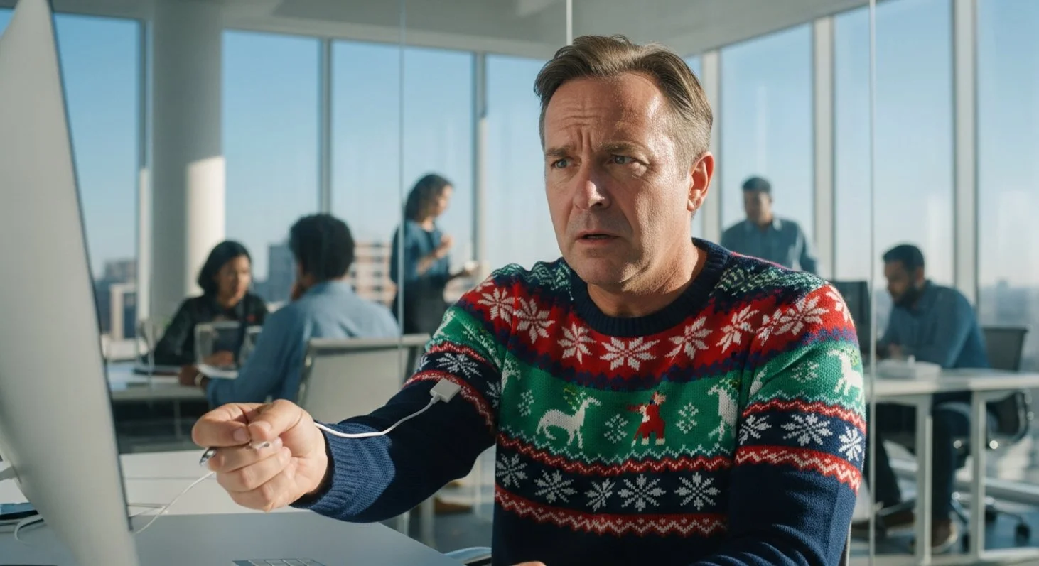 AI satire illustration: Microsoft Sweaters Now Require Firmware Update to Stay Warm