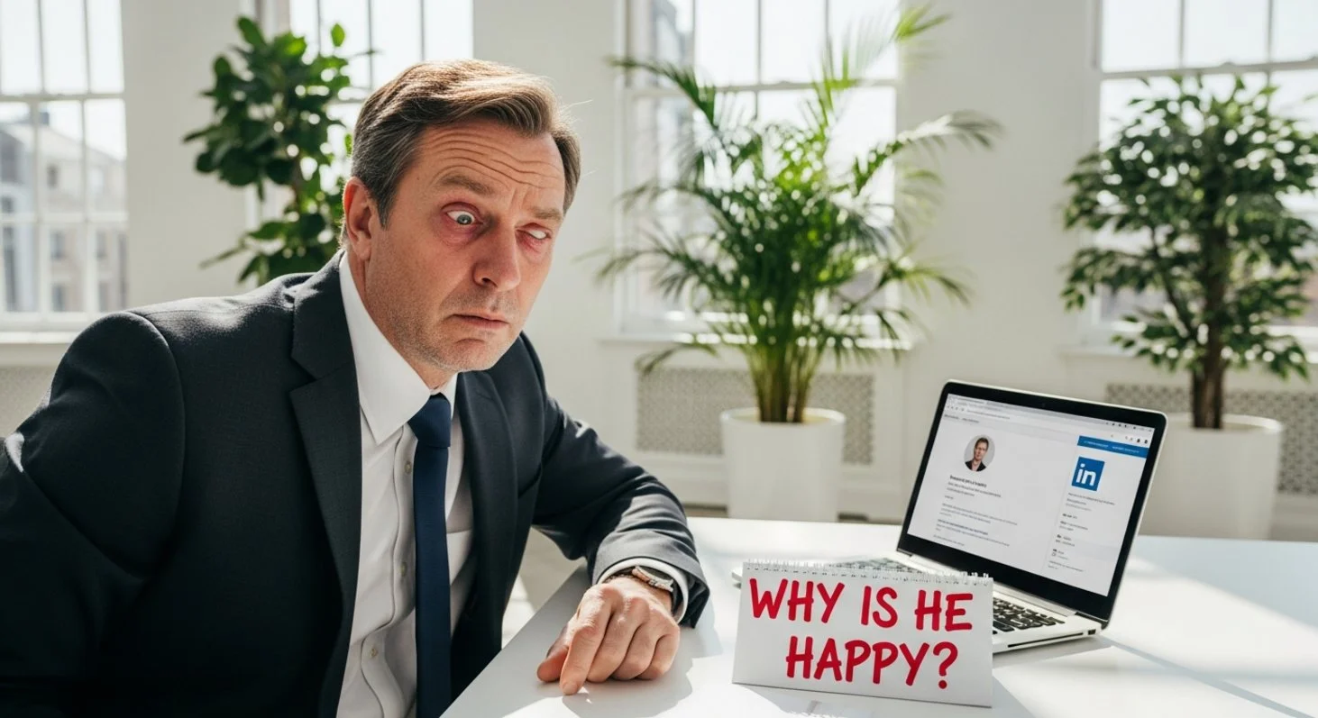 AI satire illustration: Manager Spends Six Hours On LinkedIn Hunting For 'Disloyal' Staff