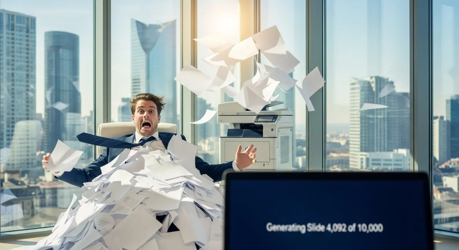 AI satire illustration: Ascentra Labs helps consultants make 5,000 slides in four seconds