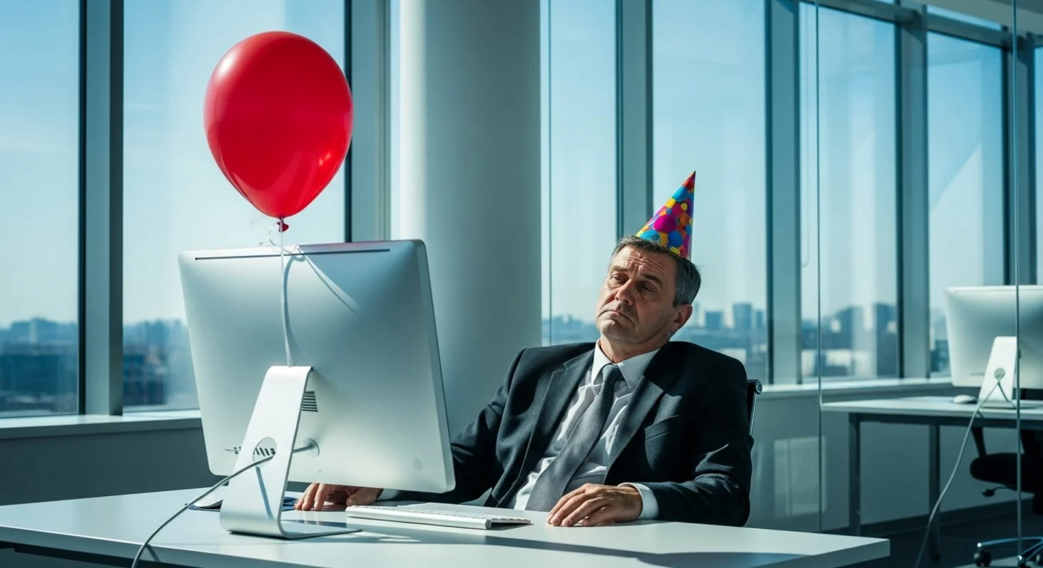 AI satire illustration: HR Group Replaces Annual Raises With 'Prescribed' Mandatory Karaoke
