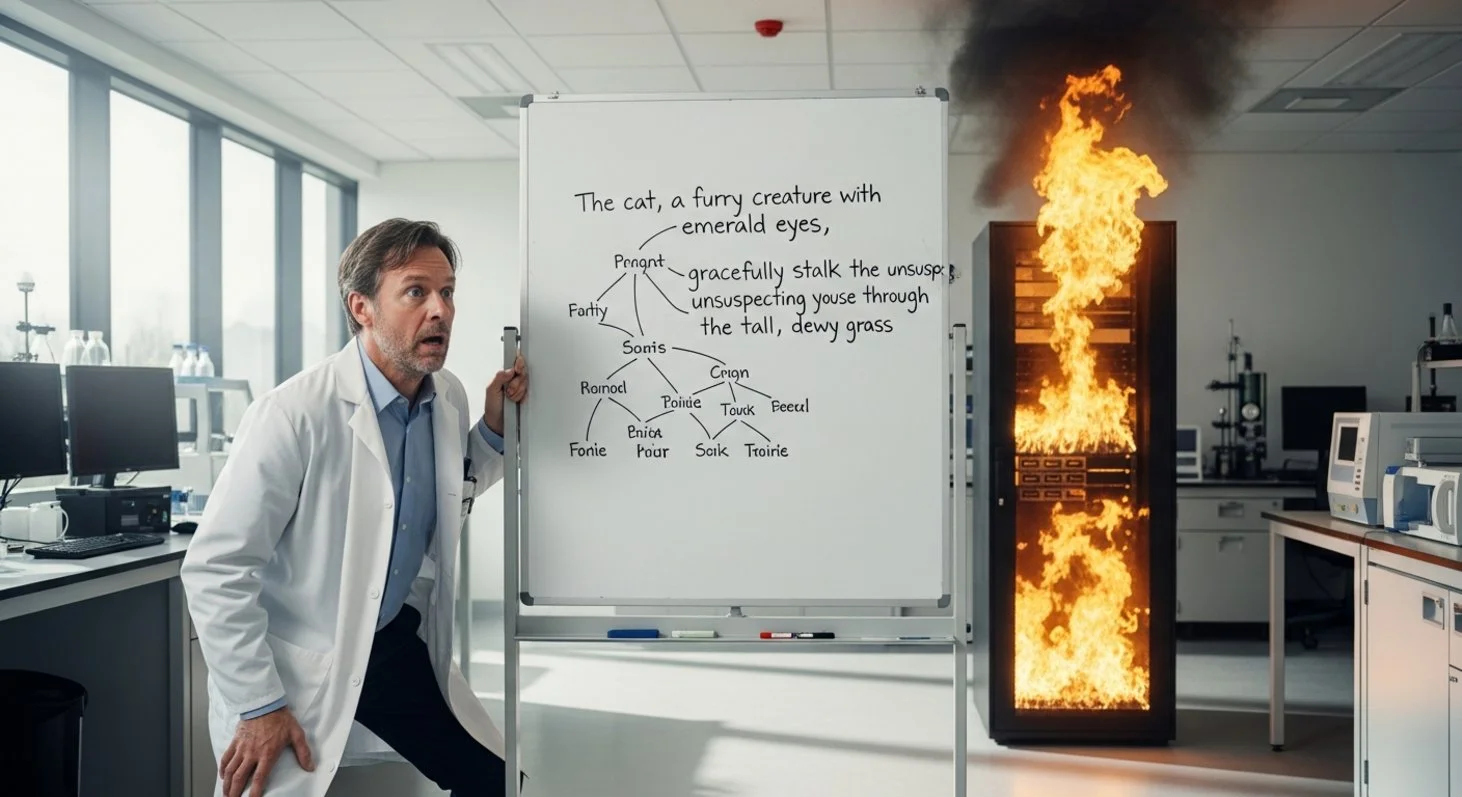 AI satire illustration: $100 Billion AI Safety Rails Defeated by Passive Voice