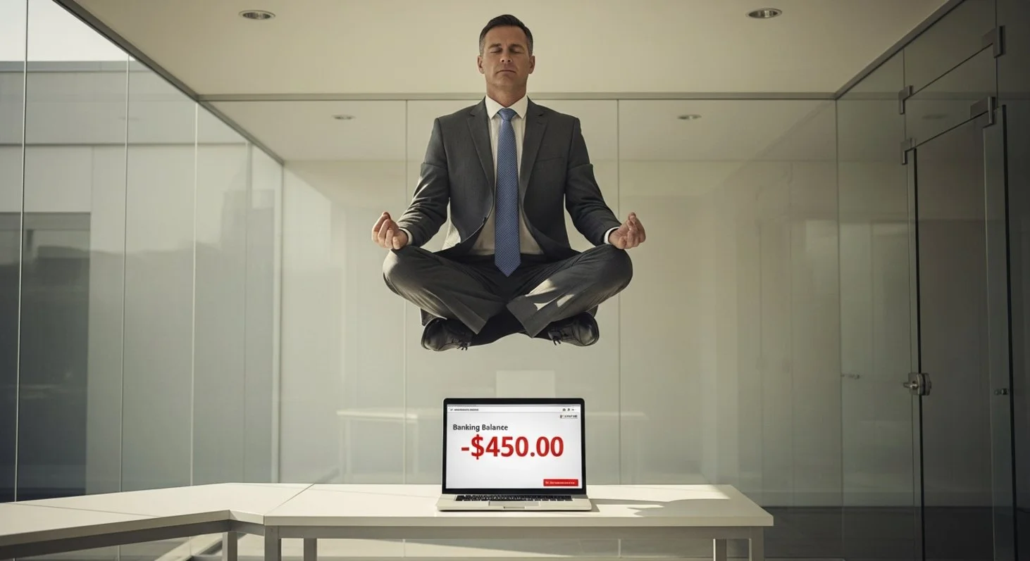 AI satire illustration: Jamie Dimon Says Self-Awareness Means Never Checking Your Bank Account