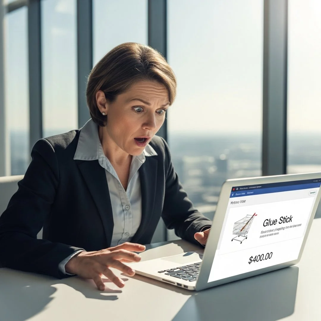 AI satire illustration: Amazon raises glue prices after algorithm detects teacher desperation