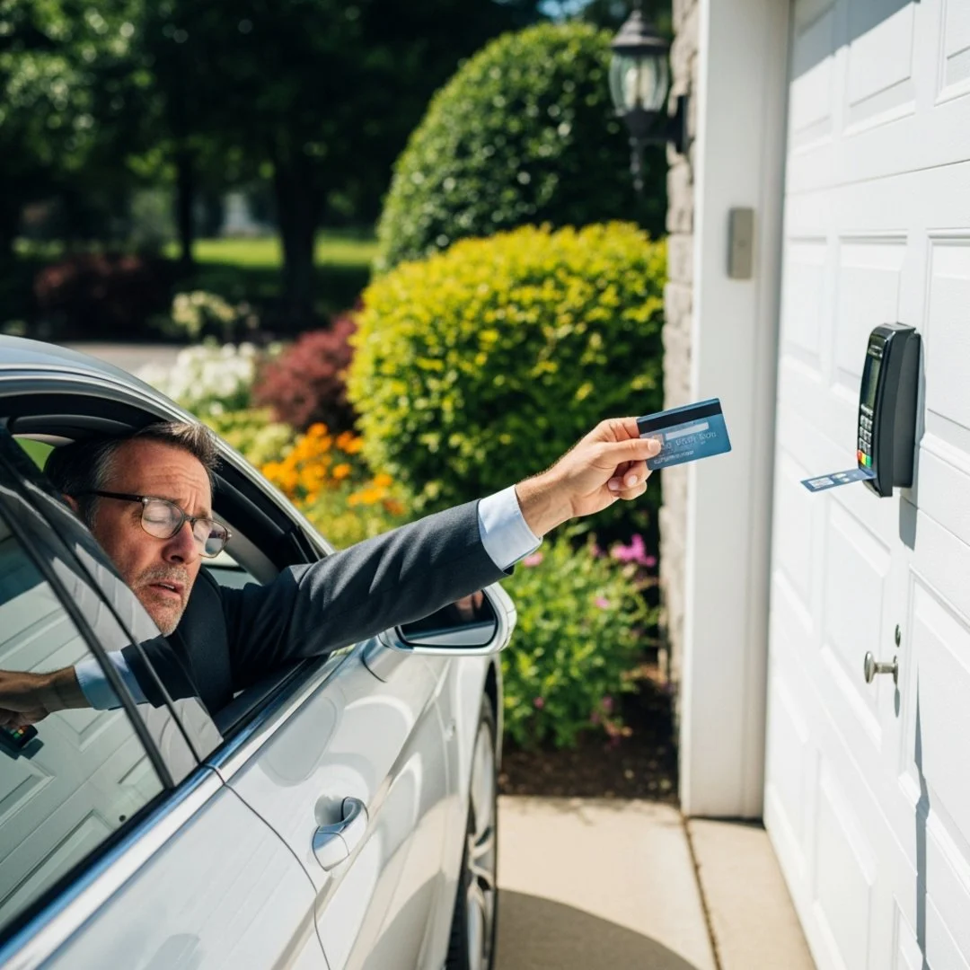 AI satire illustration: Chamberlain Announces Subscription Plan To Open Garage Door From Outside