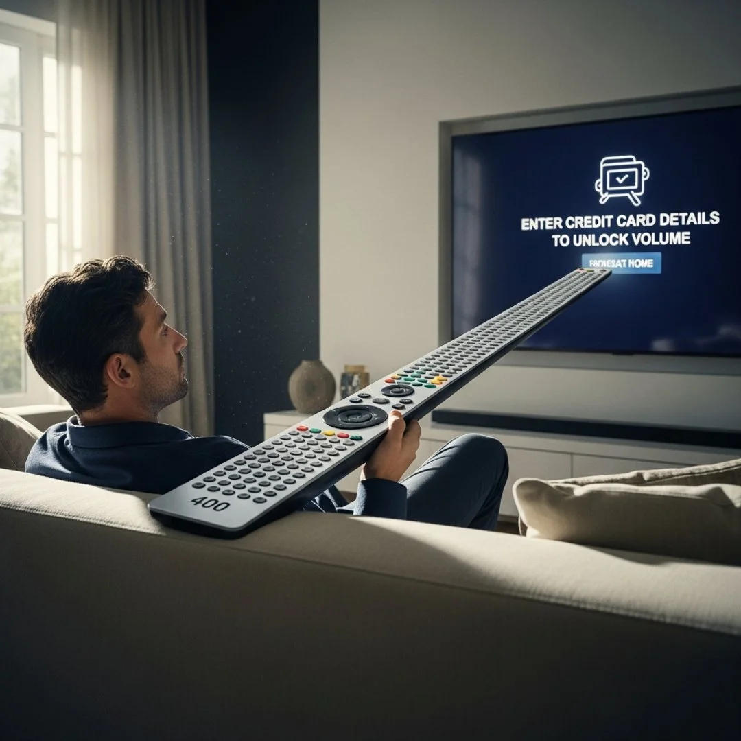 AI satire illustration: YouTube TV replaces one bill with twelve confusing subscriptions