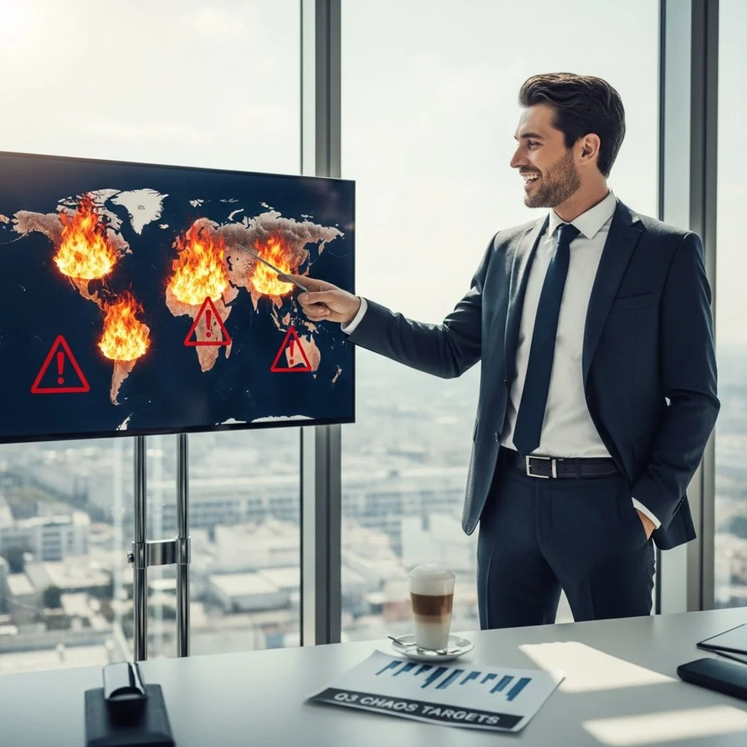 AI satire illustration: Companies Rebrand Global Crises as "High-Growth Opportunities"