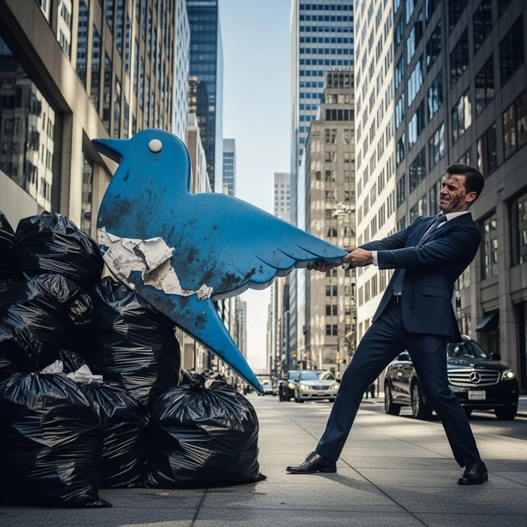 AI satire illustration: Startup claims Twitter name using "Finders Keepers" legal defense